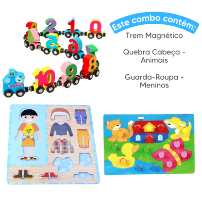 Combo de Madeira - Trem Magnético + Guarda-Roupa Montessori + Quebra Cabeça de Madeira