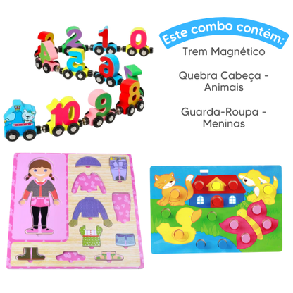 Combo de Madeira - Trem Magnético + Guarda-Roupa Montessori + Quebra Cabeça de Madeira