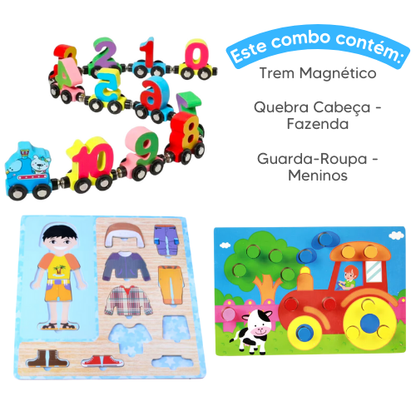 Combo de Madeira - Trem Magnético + Guarda-Roupa Montessori + Quebra Cabeça de Madeira