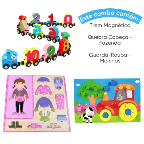 Combo de Madeira - Trem Magnético + Guarda-Roupa Montessori + Quebra Cabeça de Madeira