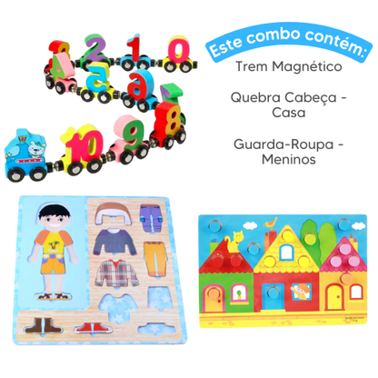 Combo de Madeira - Trem Magnético + Guarda-Roupa Montessori + Quebra Cabeça de Madeira