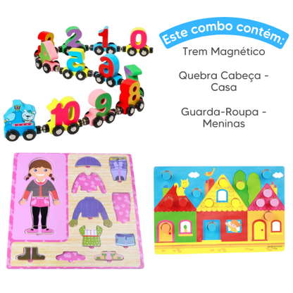 Combo de Madeira - Trem Magnético + Guarda-Roupa Montessori + Quebra Cabeça de Madeira