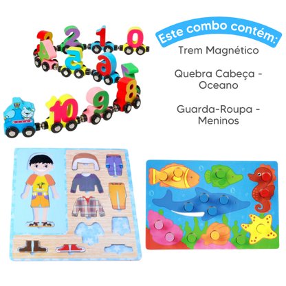 Combo de Madeira - Trem Magnético + Guarda-Roupa Montessori + Quebra Cabeça de Madeira