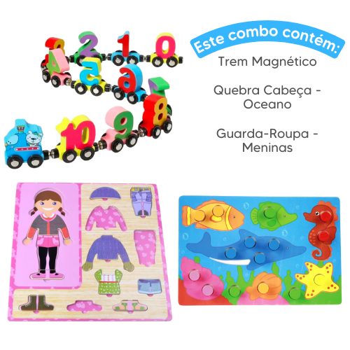 Combo de Madeira - Trem Magnético + Guarda-Roupa Montessori + Quebra Cabeça de Madeira