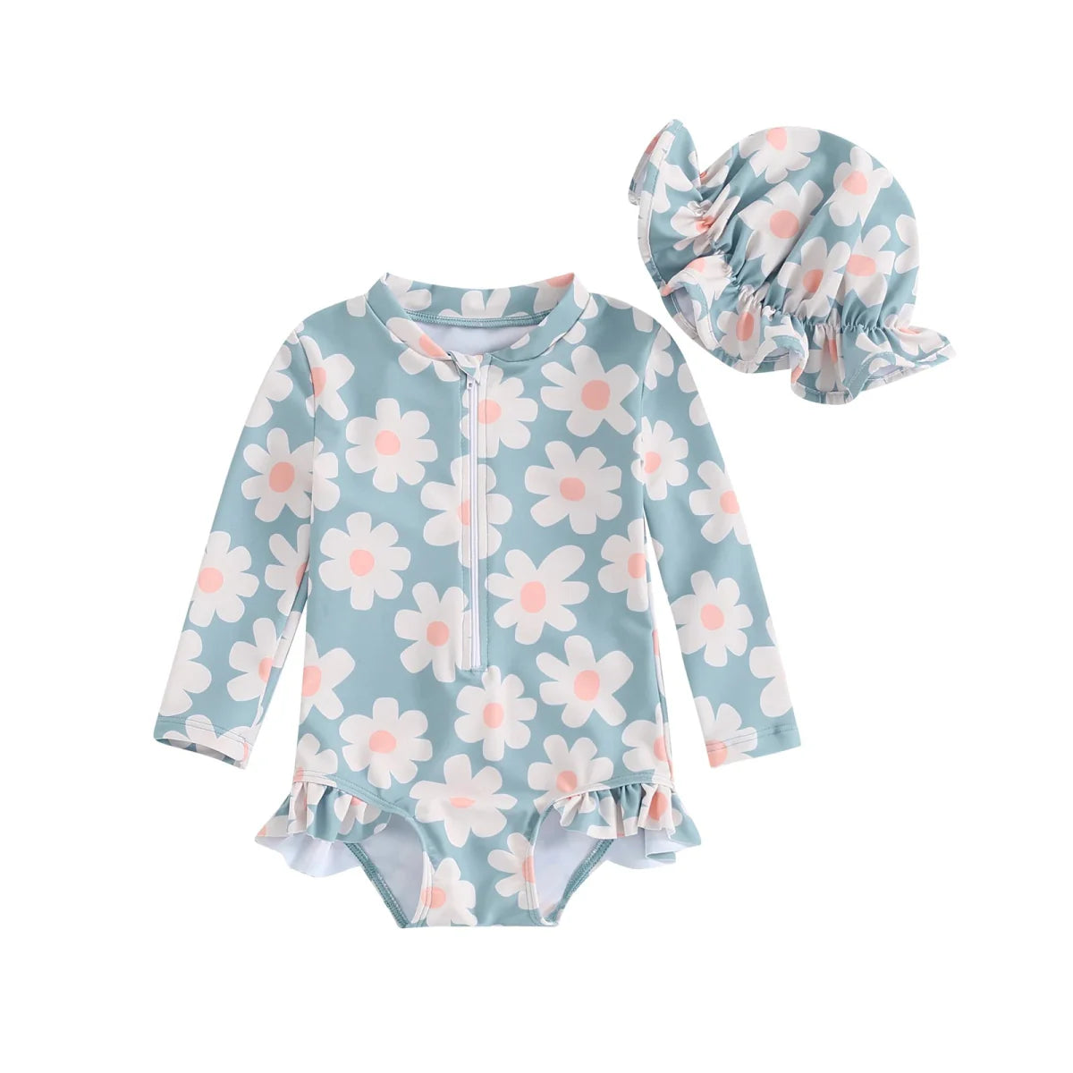 Maiô Manga Chapéu Flores Proteção UV | 6M - 24 Meses - Betina Baby